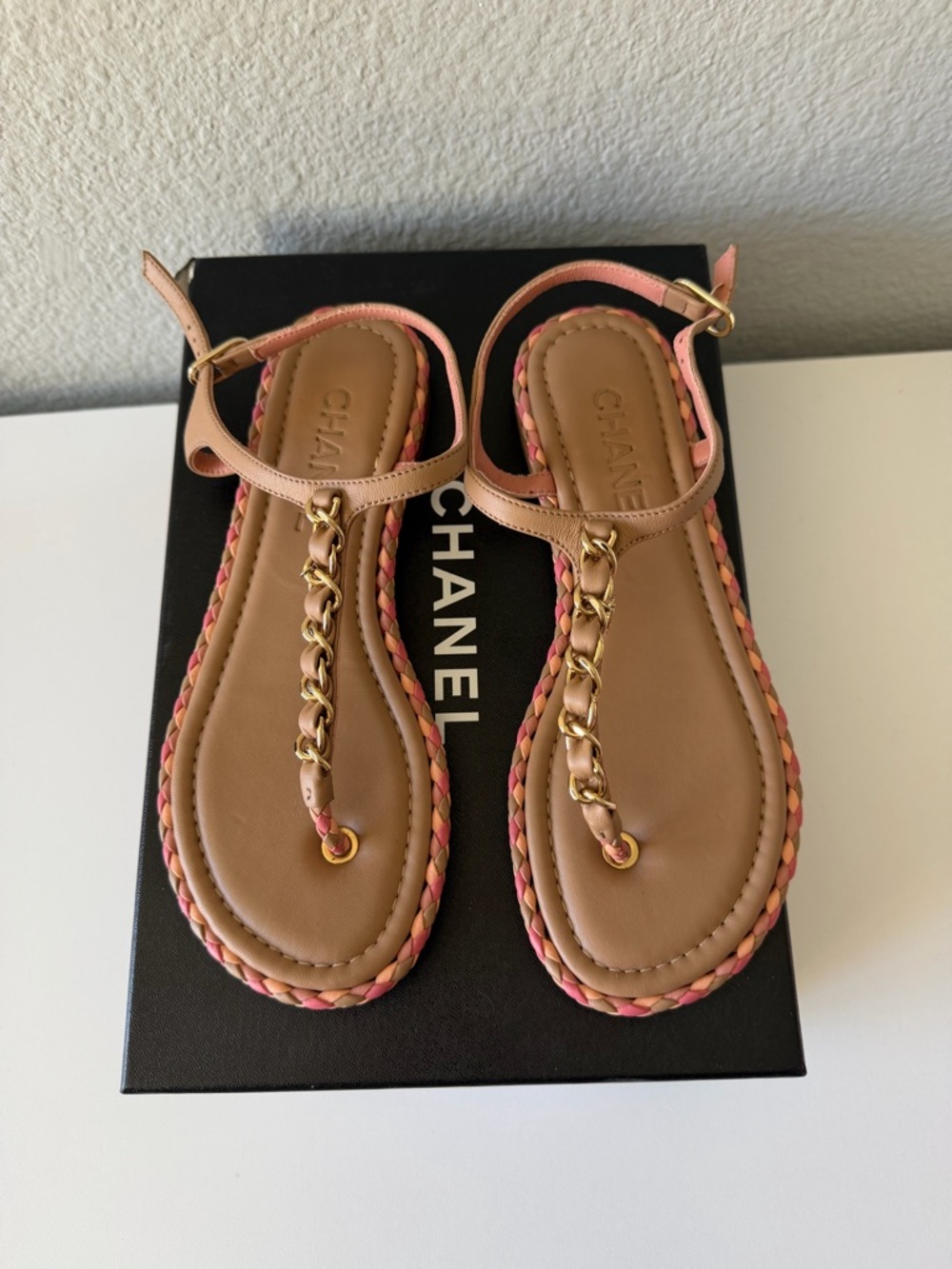 CHANEL Pink and Tan Chain T-Strap Sandals